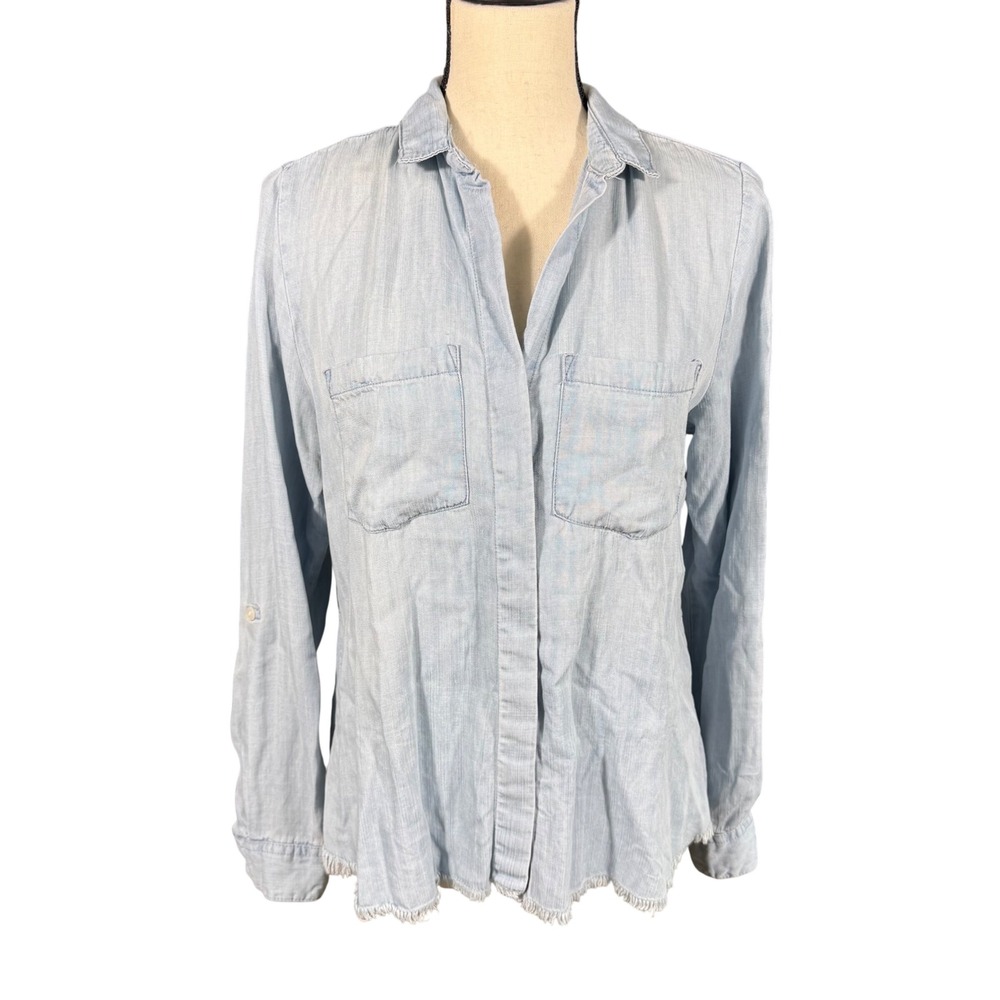 Harper Women Small Light Wash Lyocell Chambray Split Back Fringe Hem Shirt